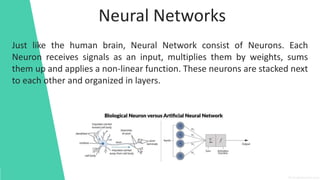 Neural Networks
Just like the human brain, Neural Network consist of Neurons. Each
Neuron receives signals as an input, multiplies them by weights, sums
them up and applies a non-linear function. These neurons are stacked next
to each other and organized in layers.
 