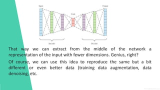 That way we can extract from the middle of the network a
representation of the input with fewer dimensions. Genius, right?
Of course, we can use this idea to reproduce the same but a bit
different or even better data (training data augmentation, data
denoising, etc.
 