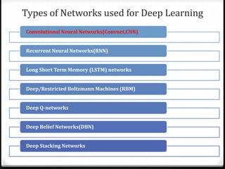 Types of Networks used for Deep Learning
Convolutional Neural Networks(Convnet,CNN)
Recurrent Neural Networks(RNN)
Long Short Term Memory (LSTM) networks
Deep/Restricted Boltzmann Machines (RBM)
Deep Q-networks
Deep Belief Networks(DBN)
Deep Stacking Networks
 