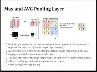 Max and AVG Pooling Layer
0 Pooling layers compute the max or average value of a particular feature over a
region of the input data (downsizing of input images).
0 Also helps to detect objects in some unusual places and reduces memory size.
0 Aggregate multiple values into a single value
0 – Reduces the size of the layer output/input to next layer ->Faster computations
0 – Keeps most important information for the next layer
0 • Max pooling/Average pooling
 