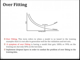 Over Fitting
0 Over Fitting. This term refers to when a model is so tuned to the training
examples that it is not able to generalize well for the validation and test sets.
0 A symptom of over Fitting is having a model that gets 100% or 99% on the
training set, but only 50% on the test data.
0 Implement dropout layers in order to combat the problem of over fitting to the
training data.
 