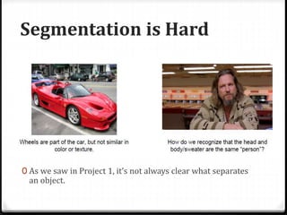 Segmentation is Hard
0 As we saw in Project 1, it’s not always clear what separates
an object.
 