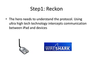 Step1: Reckon
• The hero needs to understand the protocol. Using
ultra high tech technology intercepts communication
between iPad and devices
 