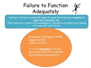 Failure to Function
                   Adequately
 Failing to function is generally taken to mean that a person is unable to
                          cope with everyday life.
Their behaviour is seen to be maladaptive, disruptive (to work) and causing
                          distress (self and others)



                    Rosenham & Seligman (1989)
                    suggested the
                    characteristics

                    It is the presence of these
                    characteristics that indicate
                    Psychological abnormality
 