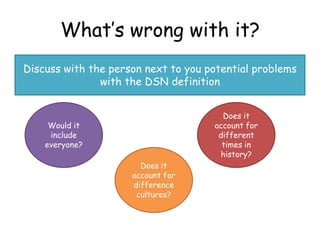 What’s wrong with it?
Discuss with the person next to you potential problems
               with the DSN definition


                                       Does it
     Would it                        account for
     include                          different
    everyone?                          times in
                                      history?
                       Does it
                     account for
                     difference
                      cultures?
 