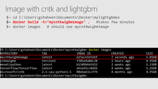 $~ cd C:UsersgshaheenDocumentsDockermylightgbmex
$~ docker build -t="mycntkwlgbmimage" . #takes few minutes
$~ docker images # should see mycntkwlgbmimage
 