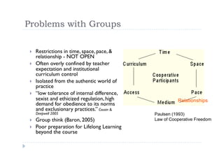 Problems with Groups

      Restrictions in time, space, pace, &
  
      relationship - NOT OPEN
      Often overly confined by teacher
  
      expectation and institutional
      curriculum control
      Isolated from the authentic world of
  
      practice
      “low tolerance of internal difference,
  
      sexist and ethicized regulation, high              Relationships
      demand for obedience to its norms
      and exclusionary practices.” Cousin &
      Deepwell 2005                            Paulsen (1993)
      Group think (Baron, 2005)                Law of Cooperative Freedom
  
      Poor preparation for Lifelong Learning
  
      beyond the course
 