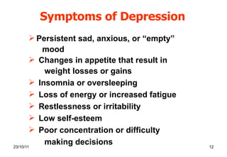 Symptoms of Depression Persistent sad, anxious, or “empty” mood  Changes in appetite that result in weight losses or gains Insomnia or oversleeping Loss of energy or increased fatigue Restlessness or irritability Low self-esteem Poor concentration or difficulty making decisions 