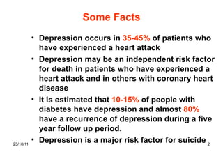 Some Facts Depression occurs in  35-45%  of patients who have experienced a heart attack Depression may be an independent risk factor for death in patients who have experienced a heart attack and in others with coronary heart disease It is estimated that  10-15%  of people with diabetes have depression and almost  80%  have a recurrence of depression during a five year follow up period. Depression is a major risk factor for suicide 