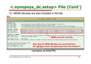 <.synopsys_dc.setup> File (Cont’)
 MEMs libraries are also included in this file
Ex:
MEM Libraries (.db file)
Note that the MEM DB files are converted from
the LIB files which are generated from the Artisan !!
(.synopsys_dc.setup File)
the LIB files which are generated from the Artisan !!
Advanced Reliable Systems (ARES) Lab. 25
 