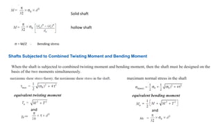 Solid shaft
hollow shaft
Shafts Subjected to Combined Twisting Moment and Bending Moment
When the shaft is subjected to combined twisting moment and bending moment, then the shaft must be designed on the
basis of the two moments simultaneously.
equivalent twisting moment
Te=
and
maximum normal stress in the shaft
Me
and
equivalent bending moment
 