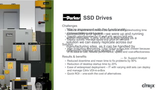 SSD Drives
Challenges
  • ―We‘re downtime to minimize disruptions and troubleshooting time
     Reduce impressed with the functionality,
  • accessibility and speed—we were up and running
     Optimize desktop startup time
  • Simplify administration for IT staff with varying skill sets
    within minutes. Citrix VDI-in-a-Box gives us a
  • Deploy quickly, manage easily and grow on demand
   solution we can easily replicate across our
Solution
   manufacturing sites, as it can be handled by
  • After evaluating alternatives, Citrix VDI-in-a-Box was chosen because
   differently trained and skilled ITspeed and cost-effectiveness
    of its ease of use, reliable performance, staff.‖
Results & benefits                                  — Sr. Support Analyst
  •   Reduced downtime and mean time to fix problems by 90%
  •   Reduction of desktop startup time by 20%
  •   Ease of widespread deployment – IT with varying skill sets can deploy
      and manage Citrix VDI-in-a-Box
  •   Quick ROI – one-sixth the cost of alternatives
 