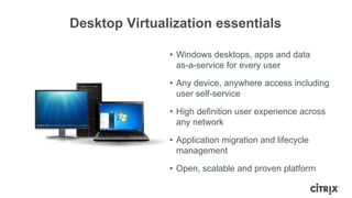 Desktop Virtualization essentials

               • Windows desktops, apps and data
                 as-a-service for every user

               • Any device, anywhere access including
                 user self-service

               • High definition user experience across
                 any network

               • Application migration and lifecycle
                 management

               • Open, scalable and proven platform
 