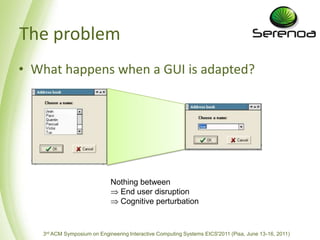 The problemWhathappenswhen a GUI isadapted?NothingbetweenEnd user disruption