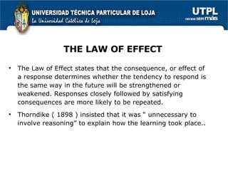 The Law of Effect states that the consequence, or effect of a response determines whether the tendency to respond is the same way in the future will be strengthened or weakened. Responses closely followed by satisfying consequences are more likely to be repeated. Thorndike ( 1898 ) insisted that it was “ unnecessary to involve reasoning” to explain how the learning took place.. THE LAW OF EFFECT 