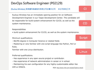 來源: http://www.104.com.tw/job/?jobno=4iox5
Script
Linux
CI
CD
 