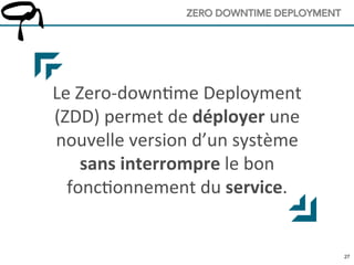 2727
ZERO DOWNTIME DEPLOYMENT
Le	
  Zero-­‐downAme	
  Deployment	
  
(ZDD)	
  permet	
  de	
  déployer	
  une	
  
nouvelle	
  version	
  d’un	
  système	
  
sans	
  interrompre	
  le	
  bon	
  
foncAonnement	
  du	
  service.	
  
 