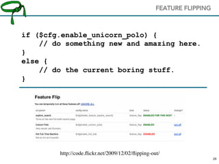 2929
FEATURE FLIPPING
http://code.ﬂickr.net/2009/12/02/ﬂipping-out/
if ($cfg.enable_unicorn_polo) {
// do something new and amazing here.
}
else {
// do the current boring stuff.
}
 