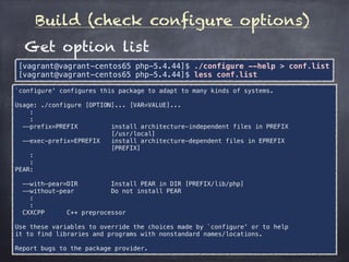 Build (check configure options)
[vagrant@vagrant-centos65 php-5.4.44]$ ./configure --help > conf.list
[vagrant@vagrant-centos65 php-5.4.44]$ less conf.list
Get option list
`configure' configures this package to adapt to many kinds of systems.
Usage: ./configure [OPTION]... [VAR=VALUE]...
:
:
--prefix=PREFIX install architecture-independent files in PREFIX
[/usr/local]
--exec-prefix=EPREFIX install architecture-dependent files in EPREFIX
[PREFIX]
:
:
PEAR:
--with-pear=DIR Install PEAR in DIR [PREFIX/lib/php]
--without-pear Do not install PEAR
:
:
CXXCPP C++ preprocessor
Use these variables to override the choices made by `configure' or to help
it to find libraries and programs with nonstandard names/locations.
Report bugs to the package provider.
 