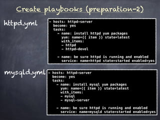 Create playbooks (preparation-1)
# setup httpd
- include: playbooks/httpd.yml
# setup mysql
- include: playbooks/mysqld.yml
# setup php
- include: playbooks/php.yml
./setup.yml
[httpd-server]
192.168.33.50
./hosts
IP address of your Vagrant machine
 