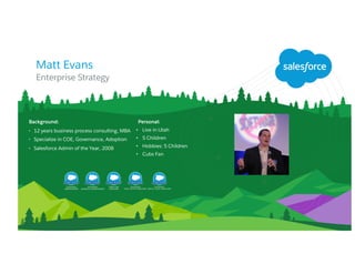 Matt Evans
Background:
• 12 years business process consulting, MBA
• Specialize in COE, Governance, Adoption
• Salesforce Admin of the Year, 2008
Personal:
• Live in Utah
• 5 Children
• Hobbies: 5 Children
• Cubs Fan
Enterprise Strategy
 