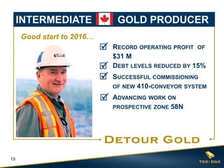 19
RECORD OPERATING PROFIT OF
$31 M
DEBT LEVELS REDUCED BY 15%
SUCCESSFUL COMMISSIONING
OF NEW 410-CONVEYOR SYSTEM
ADVANCING WORK ON
PROSPECTIVE ZONE 58N
INTERMEDIATE GOLD PRODUCER
Good start to 2016…
 