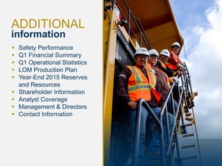 20
ADDITIONAL
information
 Safety Performance
 Q1 Financial Summary
 Q1 Operational Statistics
 LOM Production Plan
 Year-End 2015 Reserves
and Resources
 Shareholder Information
 Analyst Coverage
 Management & Directors
 Contact Information
 