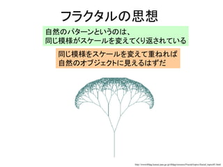 フラクタルの思想
自然のパターンというのは、
同じ模様がスケールを変えてくり返されている
同じ模様をスケールを変えて重ねれば
自然のオブジェクトに見えるはずだ
http://wwwitblpg.kansai.jaea.go.jp/itblpg/resource/Fractal/topics/fractal_topics01.html
 