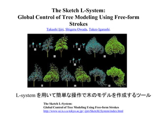 The Sketch L-System:
Global Control of Tree Modeling Using Free-form
Strokes
Takashi Ijiri, Shigeru Owada, Takeo Igarashi.
The Sketch L-System:
Global Control of Tree Modeling Using Free-form Strokes
http://www-ui.is.s.u-tokyo.ac.jp/~ijiri/SketchLSystem/index.html
L-system を用いて簡単な操作で木のモデルを作成するツール
 