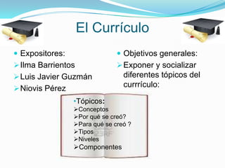 El Currículo
 Expositores:

 Objetivos generales:

 Ilma Barrientos

 Exponer y socializar

 Luis Javier Guzmán
 Niovis Pérez

diferentes tópicos del
currrículo:

•Tópicos:
Conceptos
Por qué se creó?
Para qué se creó ?
Tipos
Niveles

Componentes

 