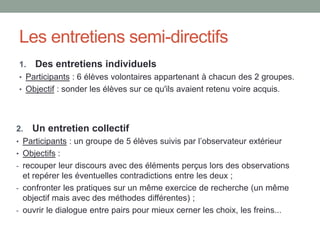 L’observation participante
Terrain d’investigation : un collège situé en milieu urbain avec un public
plutôt favorisé socialement et scolairement.
Participants : 25 élèves d’une même classe de 3ème divisés en 2 groupes.
Tâches observées : tâches prescrites par le professeur documentaliste, en
collaboration avec un professeur de SVT et de physique-chimie.
Modalités d’observation et d’analyse :
1. Un observateur extérieur s’appuyant
sur une grille d’observation :
2. Nous-même en position
d'observation participante.
Observation de tous les élèves,
sans grille contraignante.
 