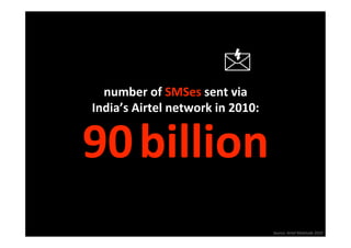 number of SMSes sent via   
India’s Airtel network in 2010:
                               


90 billion 
                                  Source: Airtel Mobitude 2010 
 