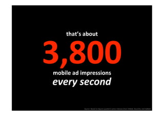 that’s about
                



3,800 
mobile ad impressions
                     
every second

           Source: Based on ﬁgures quoted in press releases from InMobi, BuzzCity, and AdMob 
 