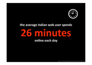 the average Indian web user spends
                                  

26 minutes 
         online each day 




                            Source: Internet And Mobile AssociaPon of India, April 2011 
 