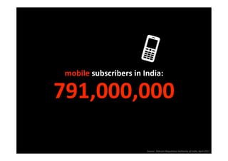 mobile subscribers in India: 

791,000,000 

                         Source: Telecom Regulatory Authority of India, April 2011 
 