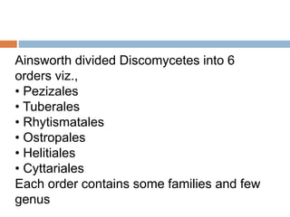 Ainsworth divided Discomycetes into 6 
orders viz., 
• Pezizales 
• Tuberales 
• Rhytismatales 
• Ostropales 
• Helitiales 
• Cyttariales 
Each order contains some families and few 
genus 
 