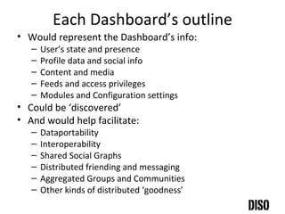 Each Dashboard’s outline Would represent the Dashboard’s info: User’s state and presence Profile data and social info Content and media Feeds and access privileges Modules and Configuration settings Could be ‘discovered’ And would help facilitate: Dataportability Interoperability Shared Social Graphs Distributed friending and messaging Aggregated Groups and Communities Other kinds of distributed ‘goodness’ 