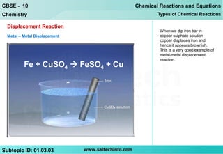 CBSE - 10                           Chemical Reactions and Equations
Chemistry                                   Types of Chemical Reactions

  Displacement Reaction
                                             When we dip iron bar in
  Metal – Metal Displacement                 copper sulphate solution
                                             copper displaces iron and
                                             hence it appears brownish.
                                             This is a very good example of
                                             metal-metal displacement
                                             reaction.
          Fe + CuSO4  FeSO4 + Cu




Subtopic ID: 01.03.03
 