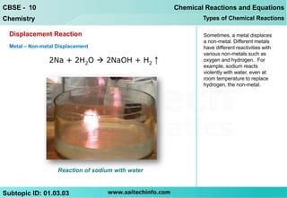 CBSE - 10                                           Chemical Reactions and Equations
Chemistry                                                   Types of Chemical Reactions

  Displacement Reaction                                     Sometimes, a metal displaces
                                                            a non-metal. Different metals
  Metal – Non-metal Displacement                            have different reactivities with
                                                            various non-metals such as
                 2Na + 2H2O  2NaOH + H2 ↑                  oxygen and hydrogen. For
                                                            example, sodium reacts
                                                            violently with water, even at
                                                            room temperature to replace
                                                            hydrogen, the non-metal.




                    Reaction of sodium with water


Subtopic ID: 01.03.03
 