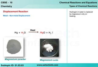 CBSE - 10                                                   Chemical Reactions and Equations
Chemistry                                                           Types of Chemical Reactions

  Displacement Reaction                                             Hydrogen in water is replaced
                                                                    by magnesium only on
  Metal – Non-metal Displacement                                    heating.




                                   Heat
              Mg + H2O                    MgO + H2 ↑




   Magnesium powder                       Magnesium oxide

Subtopic ID: 01.03.03
 