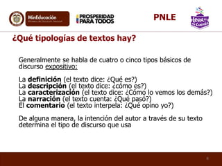 Generalmente se habla de cuatro o cinco tipos básicos de
discurso expositivo:
La definición (el texto dice: ¿Qué es?)
La descripción (el texto dice: ¿cómo es?)
La caracterización (el texto dice: ¿Cómo lo vemos los demás?)
La narración (el texto cuenta: ¿Qué pasó?)
El comentario (el texto interpela: ¿Qué opino yo?)
De alguna manera, la intención del autor a través de su texto
determina el tipo de discurso que usa
¿Qué tipologías de textos hay?
6
PNLE
 