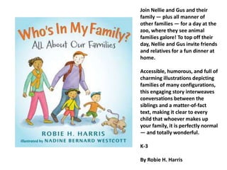 Join Nellie and Gus and their
family — plus all manner of
other families — for a day at the
zoo, where they see animal
families galore! To top off their
day, Nellie and Gus invite friends
and relatives for a fun dinner at
home.
Accessible, humorous, and full of
charming illustrations depicting
families of many configurations,
this engaging story interweaves
conversations between the
siblings and a matter-of-fact
text, making it clear to every
child that whoever makes up
your family, it is perfectly normal
— and totally wonderful.
K-3
By Robie H. Harris
 