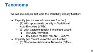 23
We will see models that learn the probability density function:
● Explicitly (we impose a known loss function)
○ (1) With approximate density → Variational
Auto-Encoders (VAEs)
○ (2) With tractable density & likelihood-based:
■ PixelCNN, Wavenet.
■ Flow-based models: real-NVP, GLOW.
● Implicitly (we “do not know” the loss function)
○ (3) Generative Adversarial Networks (GANs).
Taxonomy
 