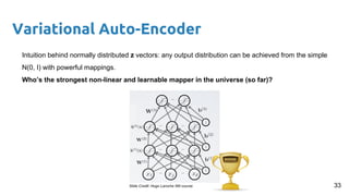 Variational Auto-Encoder
Intuition behind normally distributed z vectors: any output distribution can be achieved from the simple
N(0, I) with powerful mappings.
Who’s the strongest non-linear and learnable mapper in the universe (so far)?
33
 