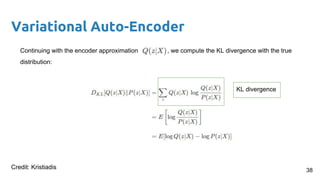 Variational Auto-Encoder
Continuing with the encoder approximation , we compute the KL divergence with the true
distribution:
38
KL divergence
Credit: Kristiadis
 