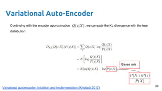 Variational Auto-Encoder
Continuing with the encoder approximation , we compute the KL divergence with the true
distribution:
Bayes rule
39
Variational autoencoder: Intutition and implementation (Kristiadi 2017)
 