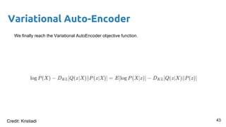 Variational Auto-Encoder
We finally reach the Variational AutoEncoder objective function.
43Credit: Kristiadi
 