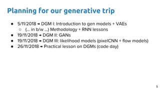 Planning for our generative trip
5
● 5/11/2018 → DGM I: Introduction to gen models + VAEs
○ (... in b/w ...) Methodology + RNN lessons
● 19/11/2018 → DGM II: GANs
● 19/11/2018 → DGM III: likelihood models (pixelCNN + flow models)
● 26/11/2018 → Practical lesson on DGMs (code day)
 