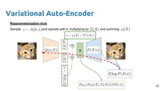 Variational Auto-Encoder
z
Reparameterization trick
Sample and operate with it, multiplying by and summing
51
 