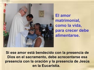 Si ese amor está bendecido con la presencia de
Dios en el sacramento, debe acrecentarse esa
presencia con la oración y la presencia de Jesús
en la Eucaristía.
El amor
matrimonial,
como la vida,
para crecer debe
alimentarse.
 